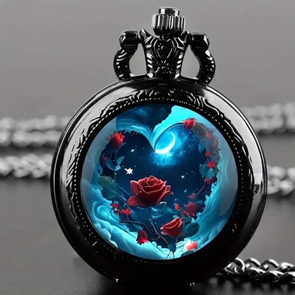 NEW 2/$40 Colorful Black Pocket Watch Necklace Blue and Red Heart Design-(#0245) - Picture 1 of 5